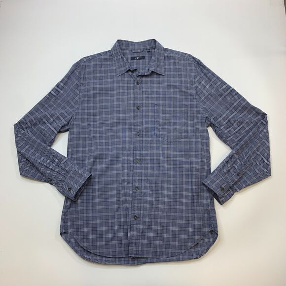 7 For All Mankind Shirt Mens XL Extra Large Blue Plaid Long Sleeve Cotton Button - Picture 2 of 10